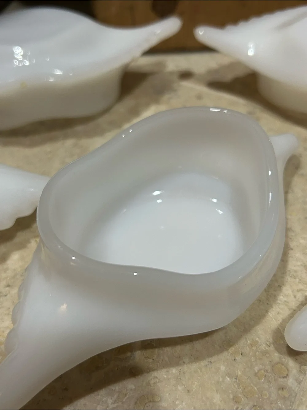 5 vintage Glasbake milk glass individual crab baking dishes